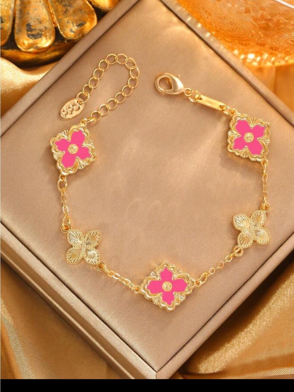 Gold Flower-Link Bracelet with Pink Enamel Accents